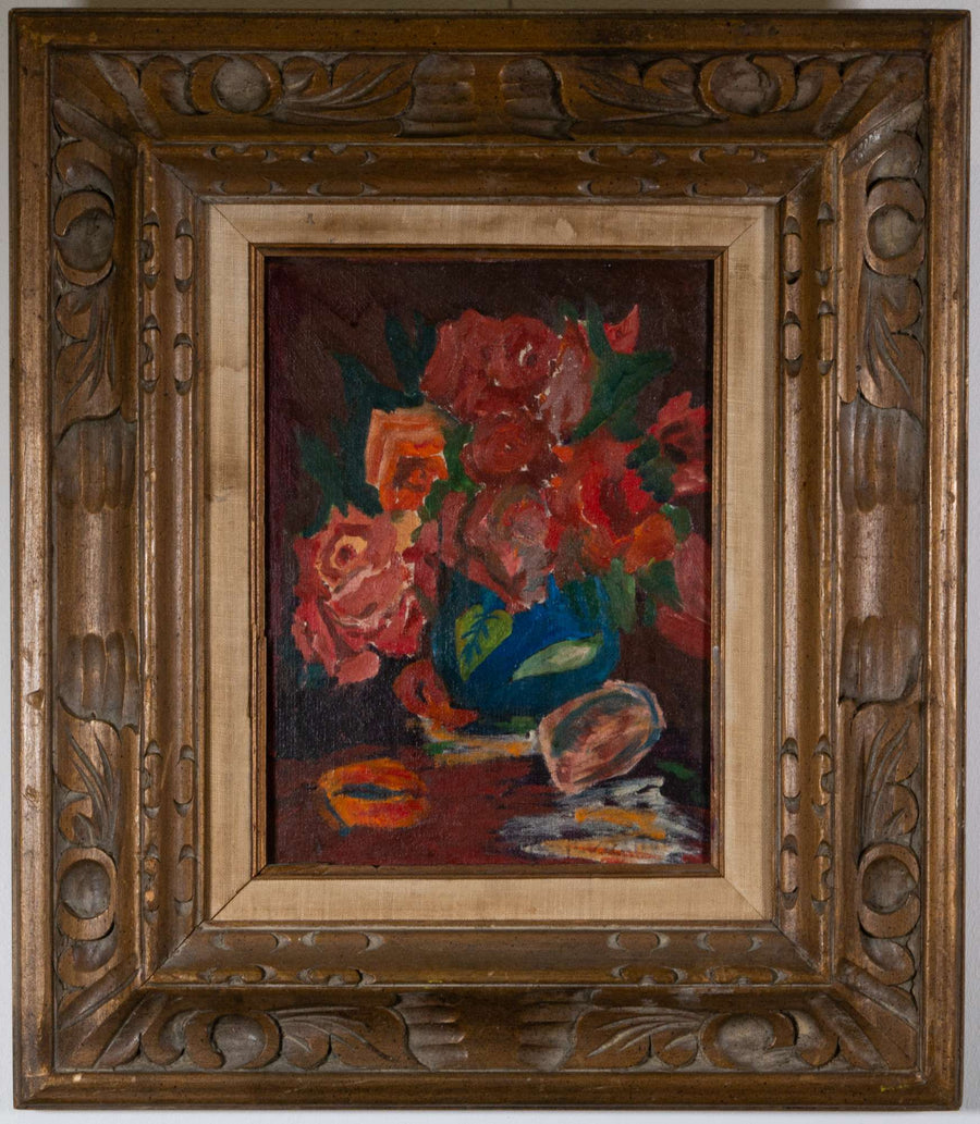 Rot-orangefarbene Rosen in einer blauen Vase — unbekannter Künstler, Gesamtansicht