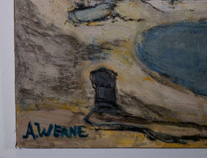 Küstendorfszene mit Booten — A Werne, Detail mit Signatur