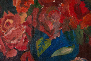 Rot-orangefarbene Rosen in einer blauen Vase — unbekannter Künstler, Detailaufnahme