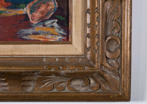 Rot-orangefarbene Rosen in einer blauen Vase — unbekannter Künstler, Detail mit Signatur
