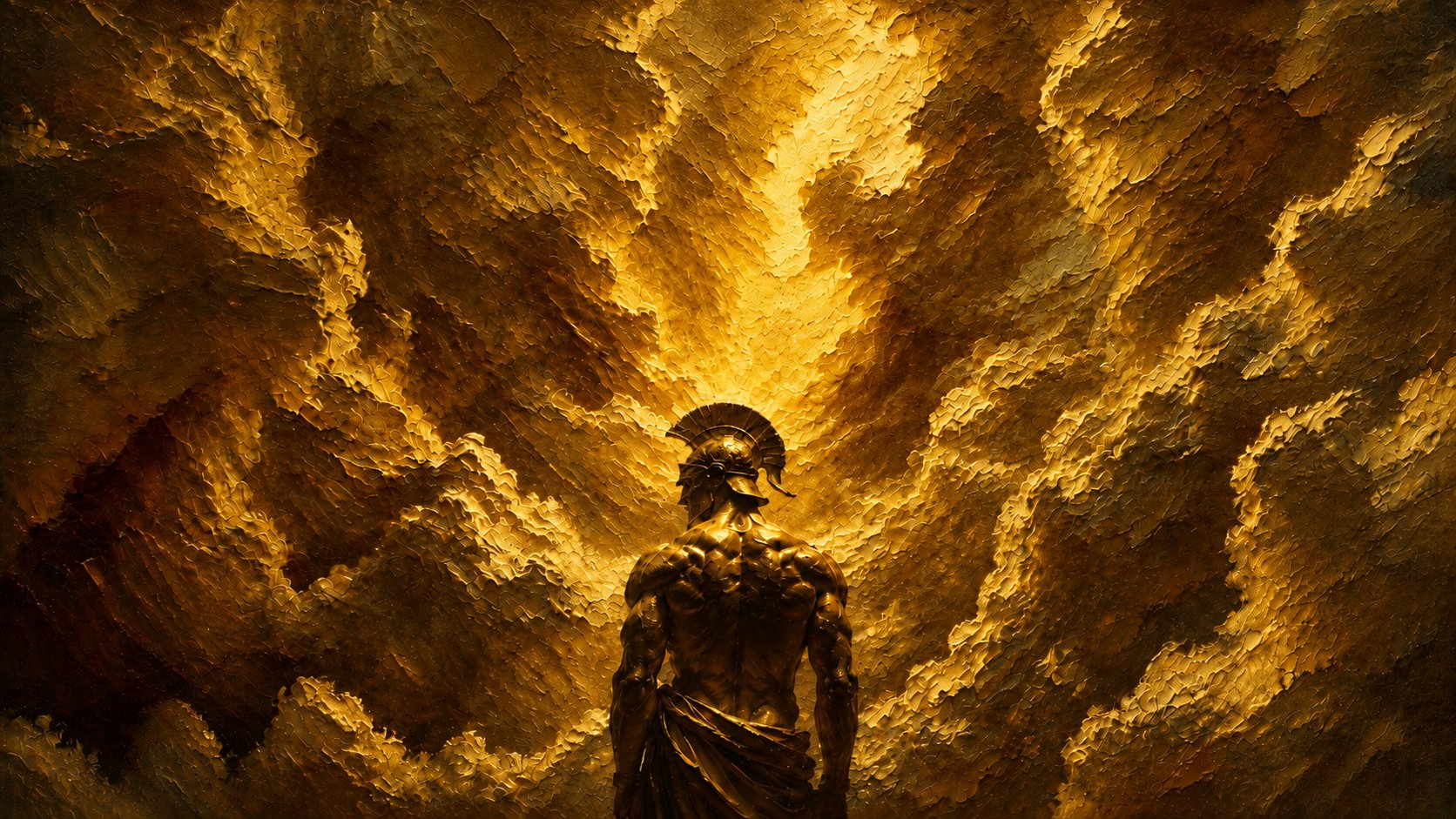 Gemalter Krieger vor goldenem Wolkenhimmel